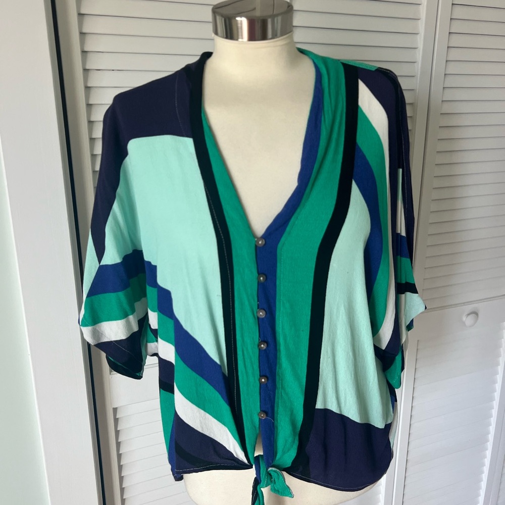 Olivaceous Blue and Green Graphic 3/4 Sleeve Blouse